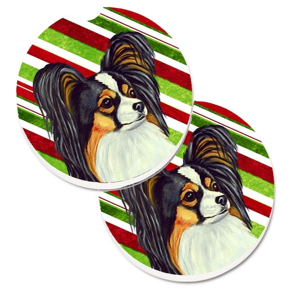 Carolines Treasures Papillon Candy Cane Holiday Christmas Set of 2 Cup Holder Car Coaster LH9255CARC - main